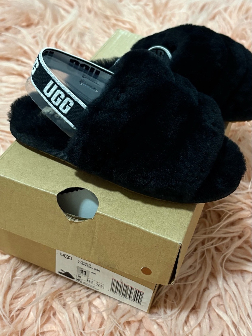 UGG Kids Black Fluffy Slide with Branded Heel Strap